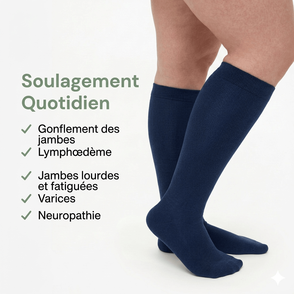 Chaussettes de compression bleues Marine Serena™, confortables et ajustées, idéales pour la récupération et la circulation sanguine.