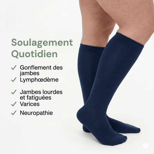 Chaussettes de compression bleues Marine Serena™, confortables et ajustées, idéales pour la récupération et la circulation sanguine.