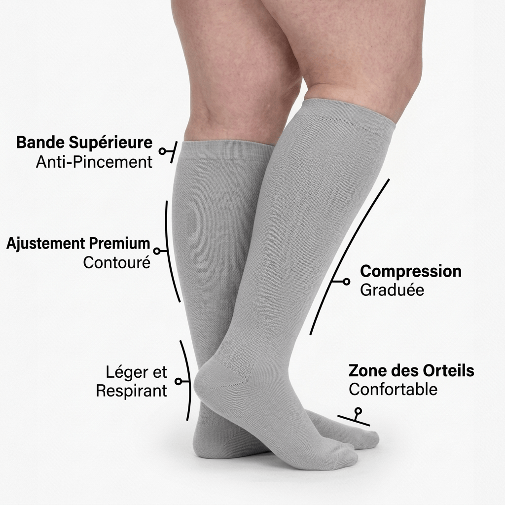 Chaussettes de compression Serena™ gris clair, confortables, épaisses, parfaites pour la circulation et le maintien des jambes.