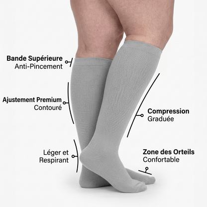 Chaussettes de compression Serena™ gris clair, confortables, épaisses, parfaites pour la circulation et le maintien des jambes.
