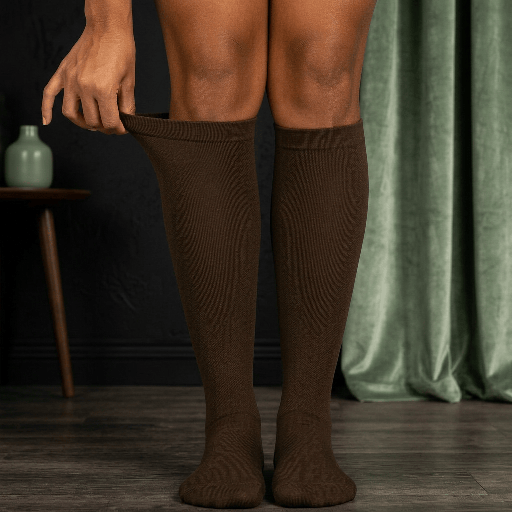 Bas de compression Serena™ noir et vert sauge, porté sur des jambes croisées, avec un fond modifié.