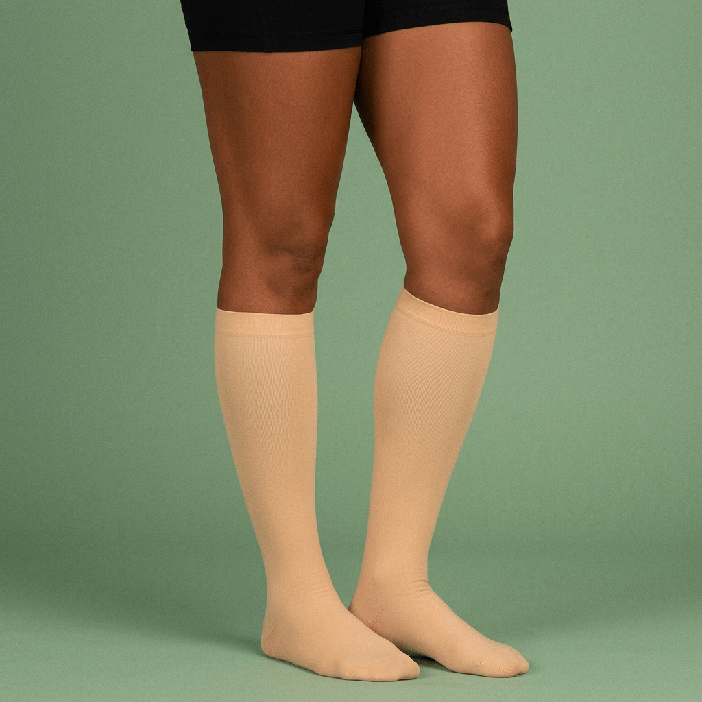 Bas de compression Serena™ noir et vert sauge, porté sur les jambes, avec un fond neutre modifié dans l'image.