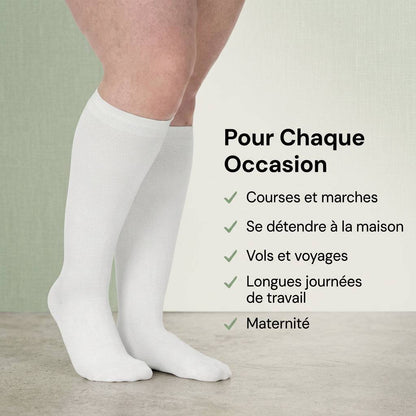 Bas de compression Serena™ de couleur noir et vert sauge, conçus pour améliorer la circulation et le confort.