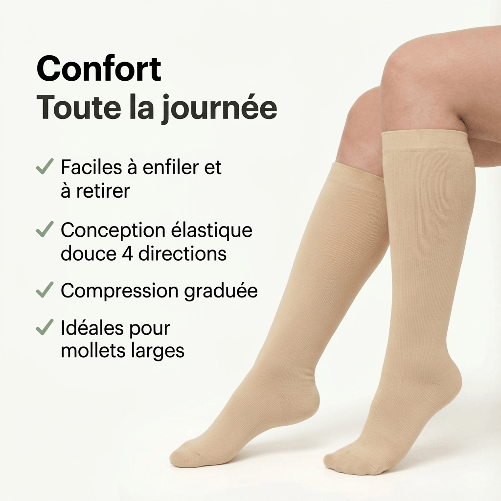 Bas de compression Serena™ noir et vert sauge, ajustés pour améliorer la circulation et le confort des jambes.