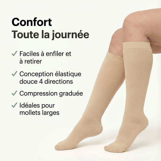 Bas de compression Serena™ noir et vert sauge, ajustés pour améliorer la circulation et le confort des jambes.